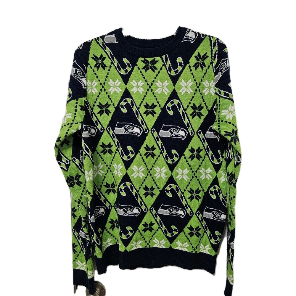 NFL Sweater Mens M Green Seattle Seahawks Ugly‎ Christmas Argyle Candy Cane Knit